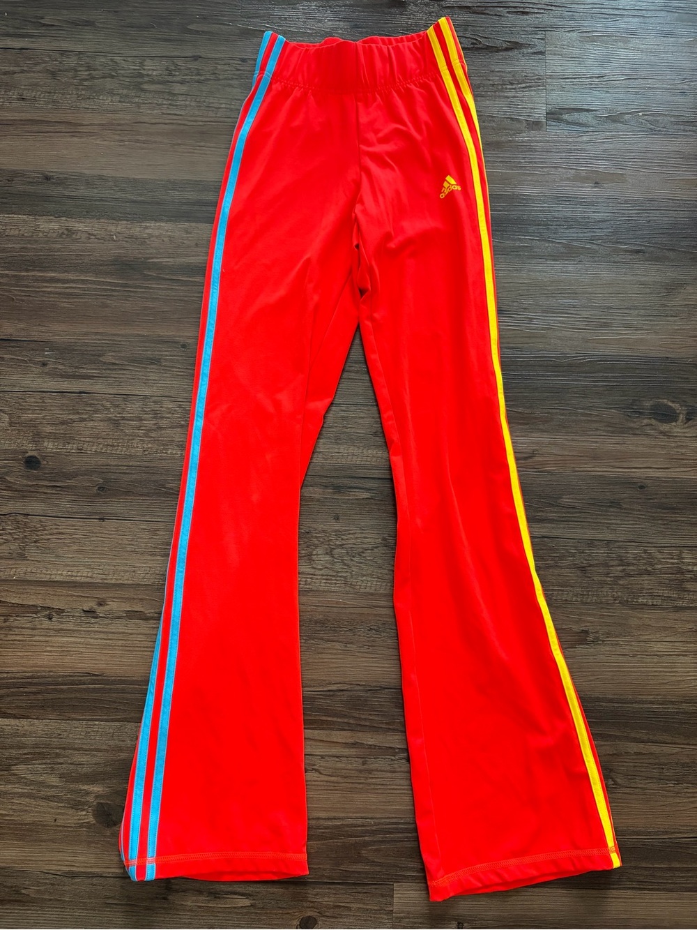 Adidas Neon Red Track Pants with Blue and Yellow Side Stripes XS